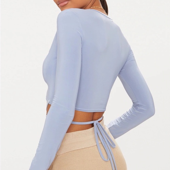 Powder Blue Slinky Long Sleeve Tie Waist Crop Top Pretty Little Thing - Picture 3 of 6
